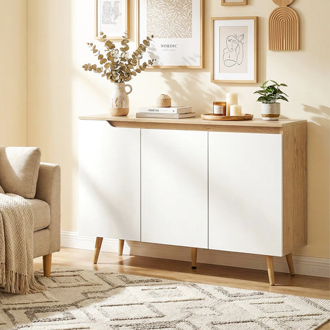 Aparador de 3 Portas, Aparador de Sala com Prateleiras Ajustáveis, Pernas de Madeira, para Cozinha, Entrada, Quarto, Carvalho e Branco, 107x35x76,5 cm