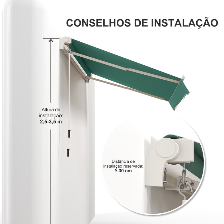 Toldo Manual Retrátil com Manivela 295x245cm Toldo Enrolável Alumínio com Proteção Solar para Janela Portas Balcão Terraço Exterior Verde
