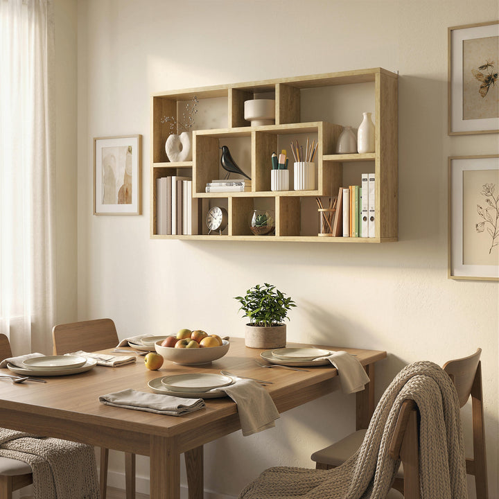 Estante de Parede Decorativa Estante para Livros CDs Prateleiras Flutuantes com 8 Cubos 85x14,5x47,5 cm Carga 20kg para Escritório Estúdio Sala de Estar Carvalho