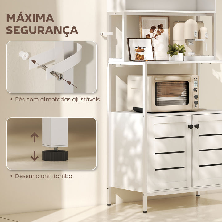 Armário de Cozinha com Tomada de Corrente Suporte para Micro-Ondas Estante de Cozinha com 2 Portas 2 Entradas USB e Compartimentos para Sala de Jantar Sala 80x42x171 cm Branco