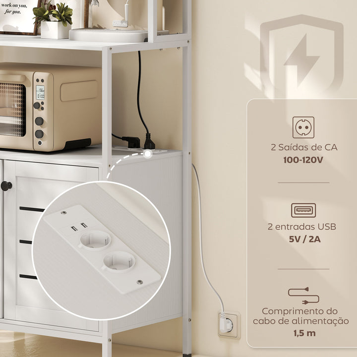 Armário de Cozinha com Tomada de Corrente Suporte para Micro-Ondas Estante de Cozinha com 2 Portas 2 Entradas USB e Compartimentos para Sala de Jantar Sala 80x42x171 cm Branco