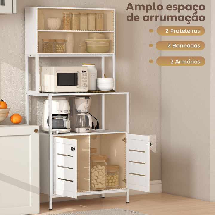 Armário de Cozinha com Tomada de Corrente Suporte para Micro-Ondas Estante de Cozinha com 2 Portas 2 Entradas USB e Compartimentos para Sala de Jantar Sala 80x42x171 cm Branco