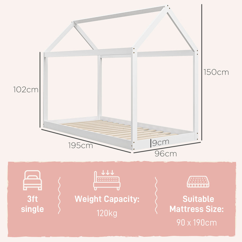 Cama Individual 90x190 cm Estrutura de Cama Somier de Madeira em Forma de Casa Carga 120 kg para Quarto Branco