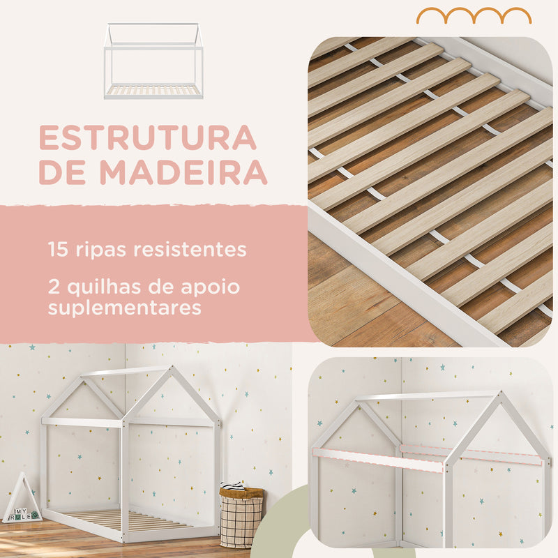 Cama Individual 90x190 cm Estrutura de Cama Somier de Madeira em Forma de Casa Carga 120 kg para Quarto Branco