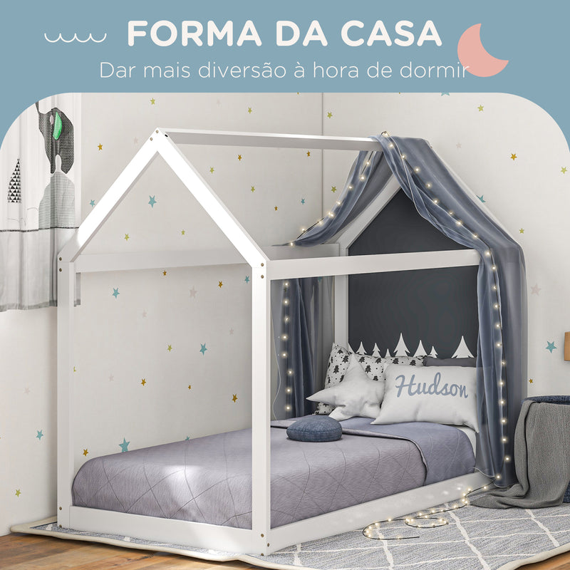 Cama Individual 90x190 cm Estrutura de Cama Somier de Madeira em Forma de Casa Carga 120 kg para Quarto Branco