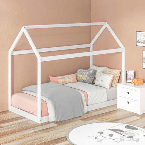 Cama Individual 90x190 cm Estrutura de Cama Somier de Madeira em Forma de Casa Carga 120 kg para Quarto Branco