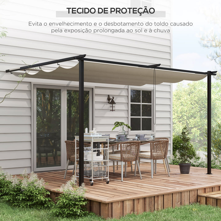Pérgola de Parede de Jardim 3,9x2,9 m Pérgola com Teto Retrátil Tecido de Poliéster e Estrutura de Aço para Pátio Varanda Creme