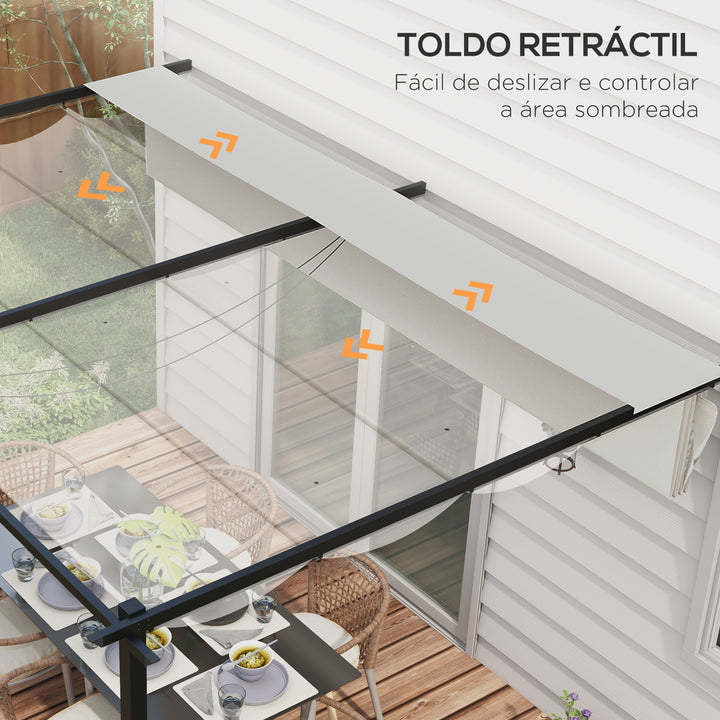Pérgola de Parede de Jardim 3,9x2,9 m Pérgola com Teto Retrátil Tecido de Poliéster e Estrutura de Aço para Pátio Varanda Creme