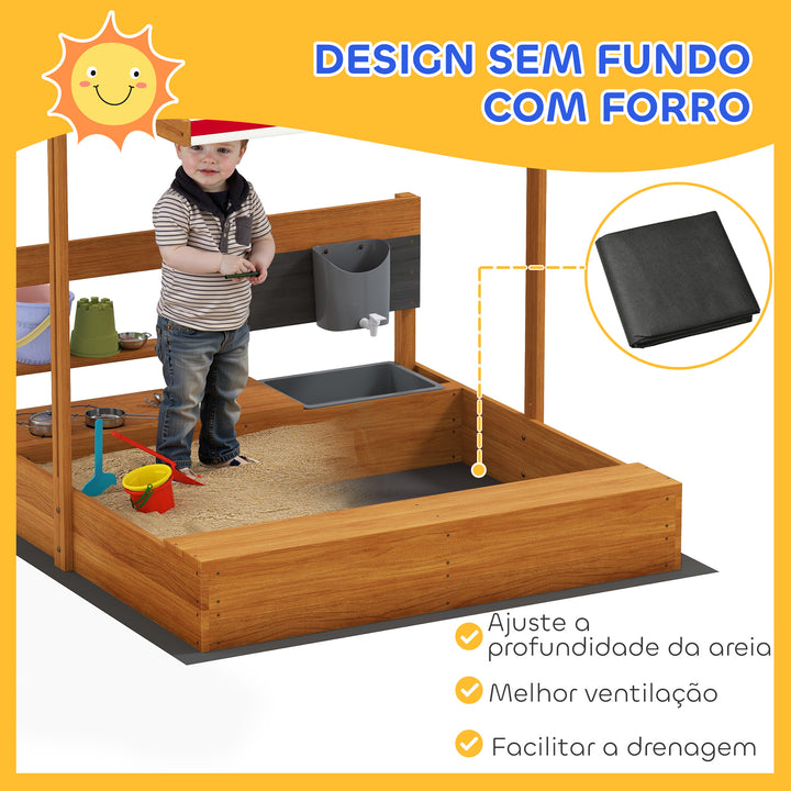 Caixa de Areia Infantil de Madeira com Toldo Ajustável Jogo com Acessórios de Cozinha Prateleira e 2 Assentos para Crianças de 3-7 Anos 114x110x110 cm Vermelho
