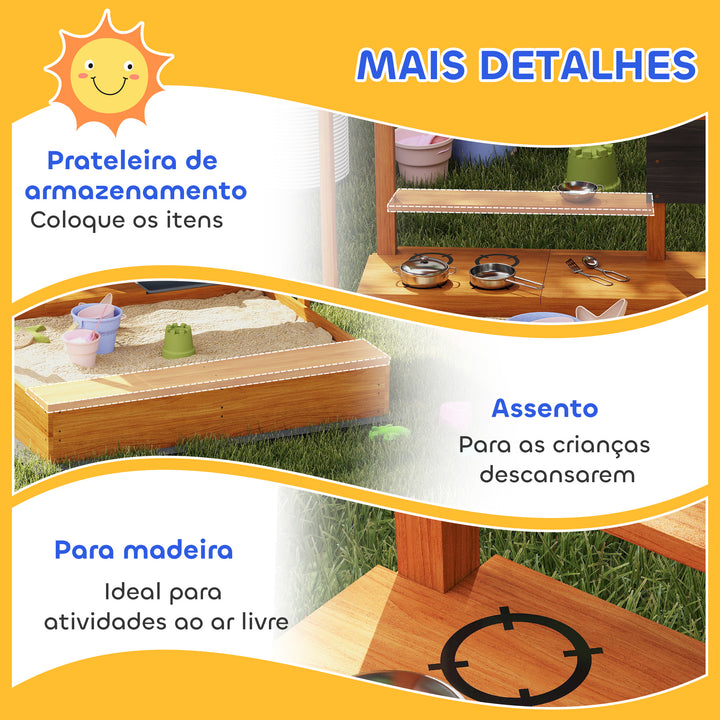 Caixa de Areia Infantil de Madeira com Toldo Ajustável Jogo com Acessórios de Cozinha Prateleira e 2 Assentos para Crianças de 3-7 Anos 114x110x110 cm Vermelho