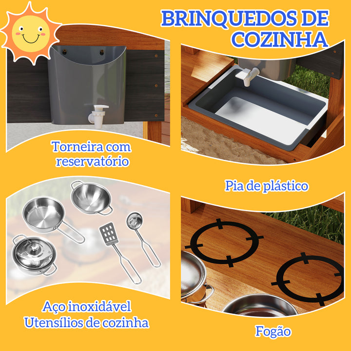 Caixa de Areia Infantil de Madeira com Toldo Ajustável Jogo com Acessórios de Cozinha Prateleira e 2 Assentos para Crianças de 3-7 Anos 114x110x110 cm Vermelho