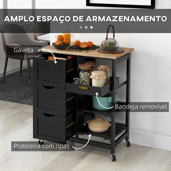 Carrinho de Cozinha com Rodas Carrinho de Serviço Multiuso com 3 Gavetas 2 Prateleiras Abertas e Bandeja para Sala de Jantar Sala de Estar 67x37x85,5 cm Preto