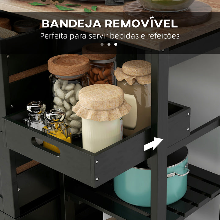 Carrinho de Cozinha com Rodas Carrinho de Serviço Multiuso com 3 Gavetas 2 Prateleiras Abertas e Bandeja para Sala de Jantar Sala de Estar 67x37x85,5 cm Preto