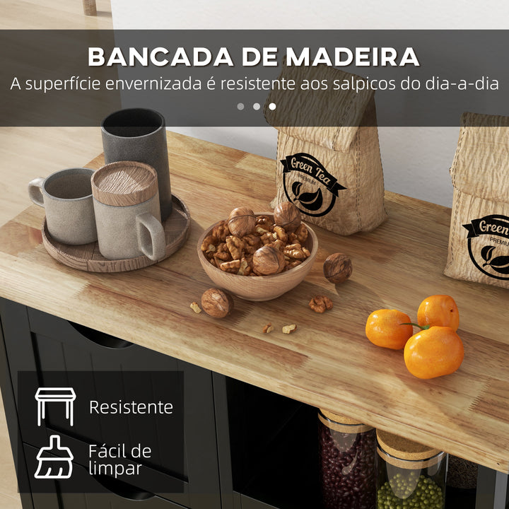 Carrinho de Cozinha com Rodas Carrinho de Serviço Multiuso com 3 Gavetas 2 Prateleiras Abertas e Bandeja para Sala de Jantar Sala de Estar 67x37x85,5 cm Preto