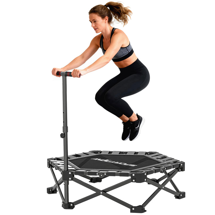 Trampolim de Fitness Dobrável 104 cm Mini Cama Elástica com Barra Ajustável em 3 Alturas Silencioso Estrutura Metálica Reforçada e Bolsa de Transporte para Treino em Casa Ginásio Preto