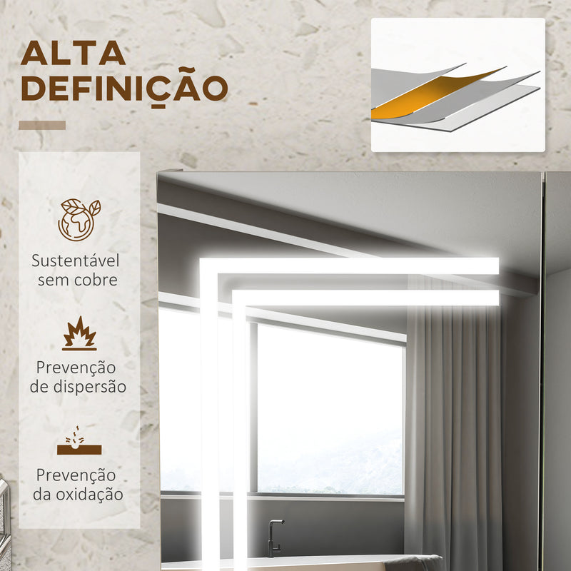 Armário Casa de Banho com Espelho e Luz LED Móvel Casa de Banho de Parede com 2 Portas Prateleiras Ajustáveis Interruptor Tátil e Cor da Luz Ajustável 80x15x65 cm Branco Brilhante