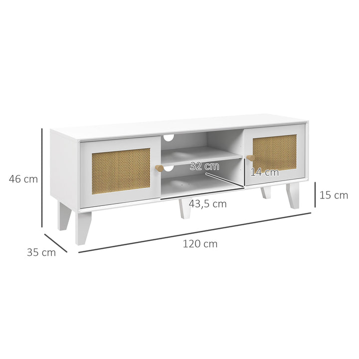 Móvel de TV Móvel de Sala de Estar para Televisores de até 55 Polegadas com 2 Portas de Vime e Prateleira Ajustável para Dormitório 120x35x46 cm Branco