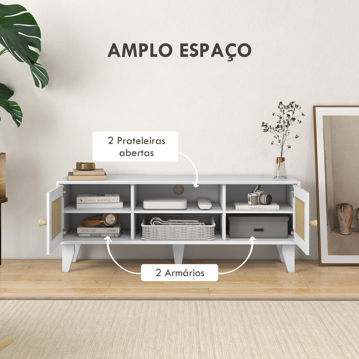 Móvel de TV Móvel de Sala de Estar para Televisores de até 55 Polegadas com 2 Portas de Vime e Prateleira Ajustável para Dormitório 120x35x46 cm Branco