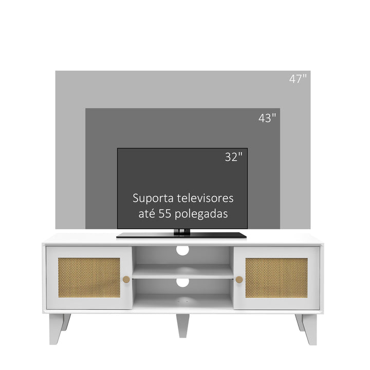 Móvel de TV Móvel de Sala de Estar para Televisores de até 55 Polegadas com 2 Portas de Vime e Prateleira Ajustável para Dormitório 120x35x46 cm Branco