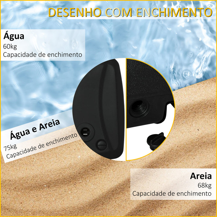 Base de Chapéu de Sol com 2 Rodas Preenchível com Água 60kg Areia 68kg Misto 75kg Suporte de Chapéu de Sol para Jardim Pátio Terraço 80x60x15cm Preto