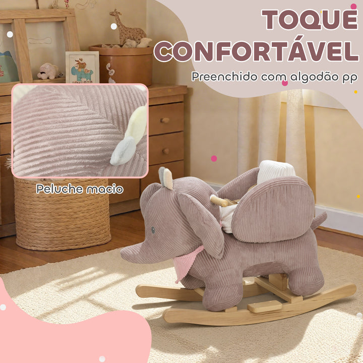 Cavalo Baloiço para Bebés com Som de Elefante e Cinto de Segurança de 3 Pontos Cavalo Brinquedo com Base em Madeira de Álamo para Crianças de 18-36 Meses 65x35x50 cm Castanho