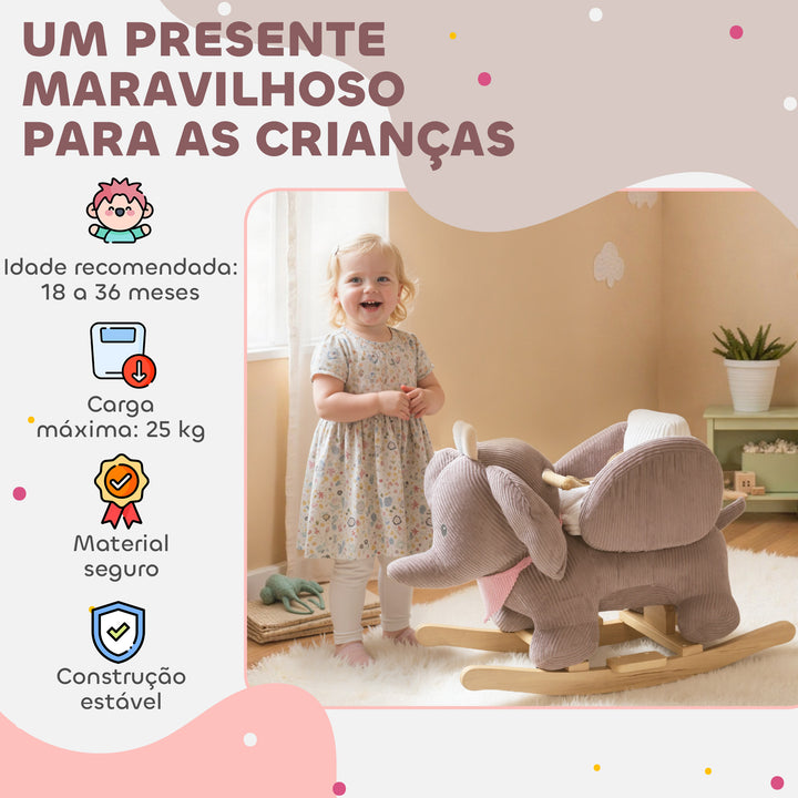 Cavalo Baloiço para Bebés com Som de Elefante e Cinto de Segurança de 3 Pontos Cavalo Brinquedo com Base em Madeira de Álamo para Crianças de 18-36 Meses 65x35x50 cm Castanho