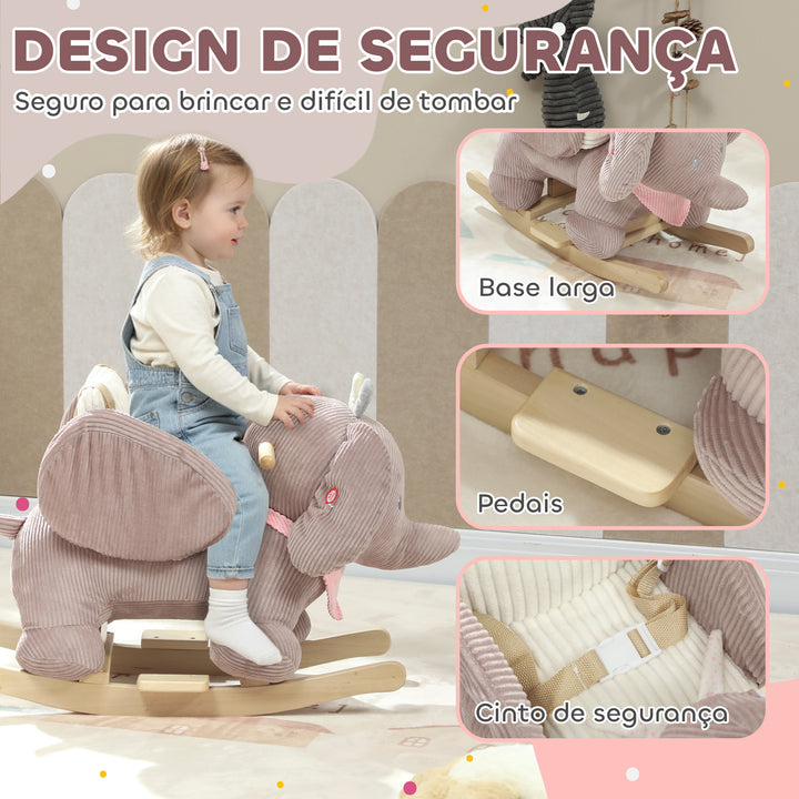 Cavalo Baloiço para Bebés com Som de Elefante e Cinto de Segurança de 3 Pontos Cavalo Brinquedo com Base em Madeira de Álamo para Crianças de 18-36 Meses 65x35x50 cm Castanho