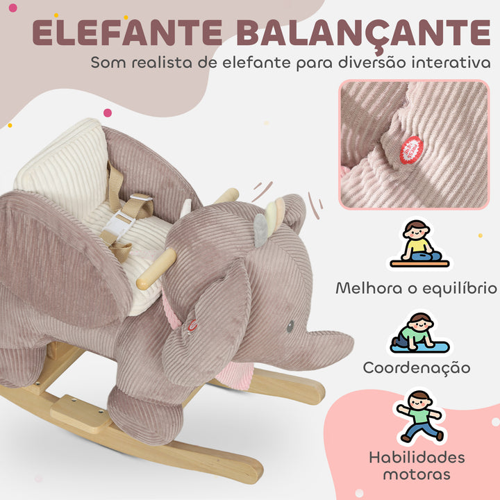 Cavalo Baloiço para Bebés com Som de Elefante e Cinto de Segurança de 3 Pontos Cavalo Brinquedo com Base em Madeira de Álamo para Crianças de 18-36 Meses 65x35x50 cm Castanho