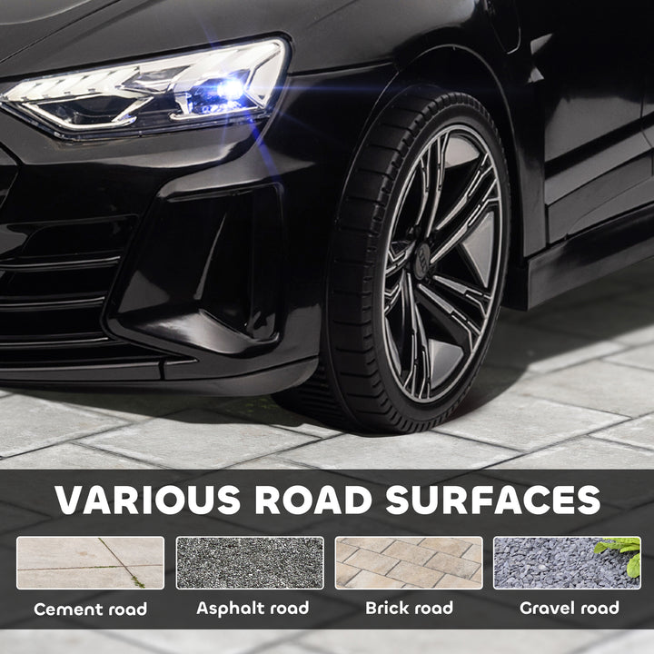 Carro Elétrico AUDI RS E-Tron GT para Crianças de 3-6 Anos Carro de Bateria 12V com 2 Motores Controlo Remoto Faróis LED Buzina Música USB e Abertura de Porta 3-5km/h 103x58x41cm Preto