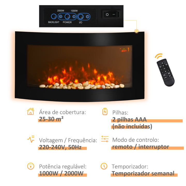 Lareira Elétrica tipo Aquecedor de Parede 1000 W / 2000 W - 88,5 x 13,5 x 56 cm