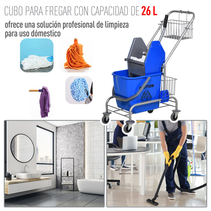 Balde de esfregona comercial com escorredor de rodas e capacidade de cestos de 26 L azul