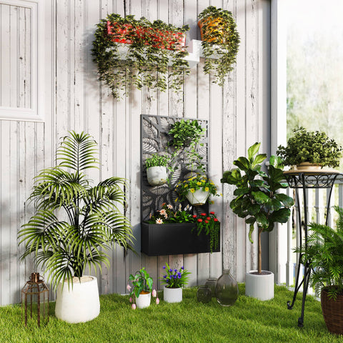 Floreira de Exterior Floreira de Metal com Ecrã de Privacidade com Folhas Decorativas Floreira de Parede ou Independente para Pátio Varanda 61x23x113 cm Preto