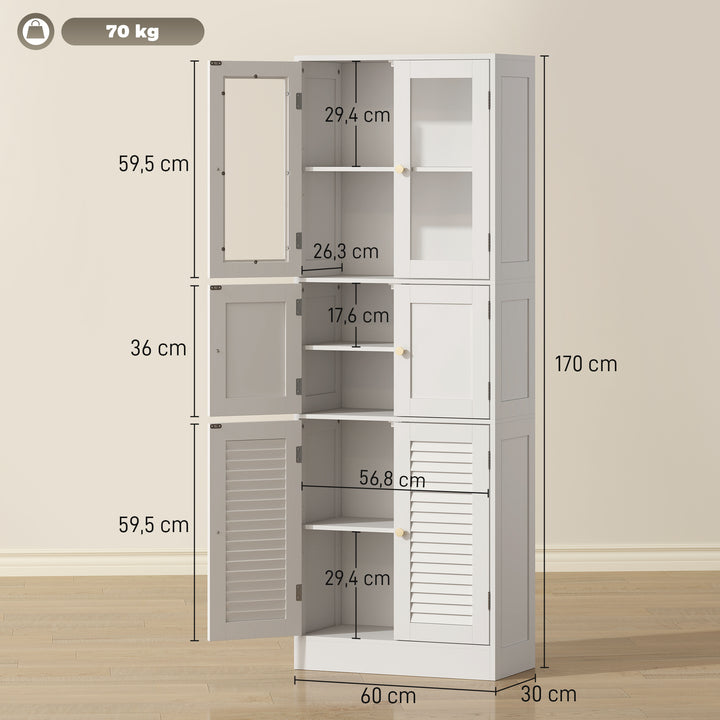 Armário de Casa de Banho Alto Coluna de Casa de Banho Estreita com Portas de Vidro Portas de Ripas e Prateleiras Ajustáveis 60x30x170 cm Branco