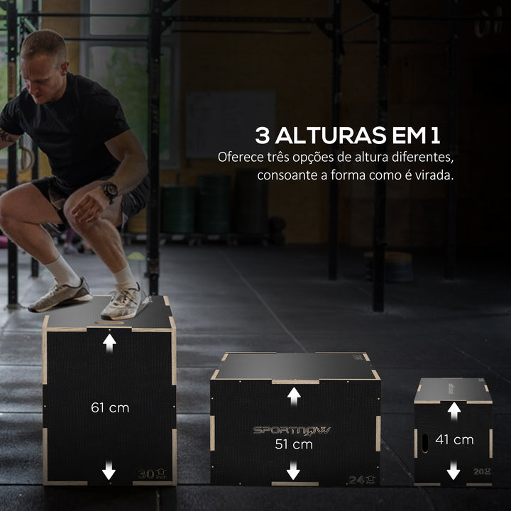 Caixa Pliométrica com 3 Alturas Diferentes Caixa de Saltos para Treino de Força em Casa Escritório Ginásio CrossFit Carga 120 kg 61x51x41 cm Preto