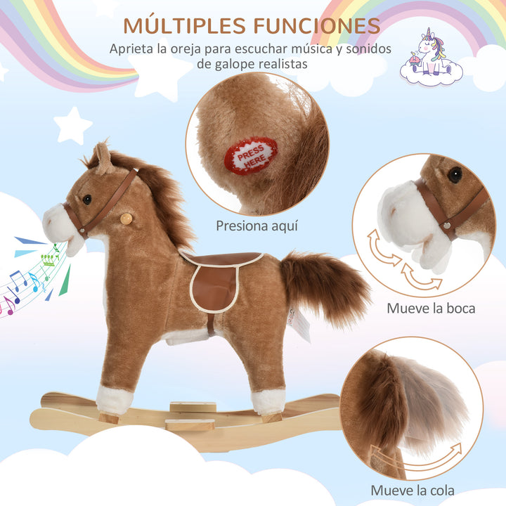 Cavalo de balanço para crianças acima de 36 meses Com boca e cauda móveis Música 65x32,5x61 cm Marrom
