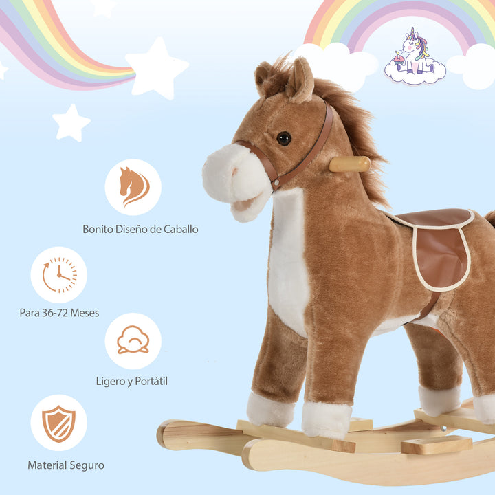 Cavalo de balanço para crianças acima de 36 meses Com boca e cauda móveis Música 65x32,5x61 cm Marrom
