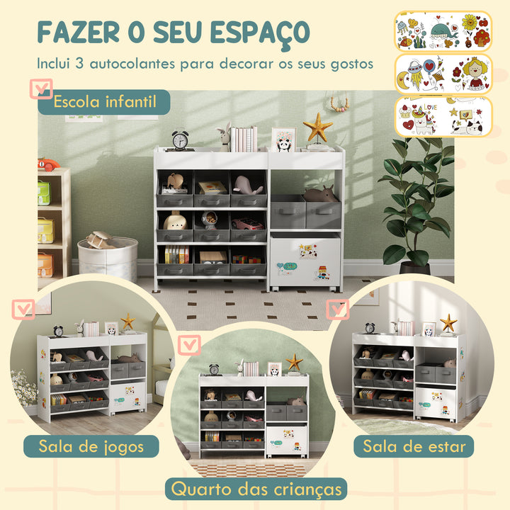 Organizador de Brinquedos para Crianças Organizador Infantil com 11 Cestas Amovíveis Compartimentos e Autocolantes para Escola Infantil Sala de Jogos 105x30x80 cm Branco e Cinza