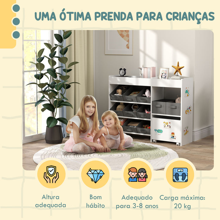 Organizador de Brinquedos para Crianças Organizador Infantil com 11 Cestas Amovíveis Compartimentos e Autocolantes para Escola Infantil Sala de Jogos 105x30x80 cm Branco e Cinza