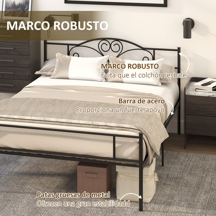 Estrutura de Cama Dupla de Metal para Colchão 150x200cm com Cabeceira e Pés de 31cm Estrutura de Cama de Casa com Espaço em Baixo de Armazenamento 158x211x106cm Preto