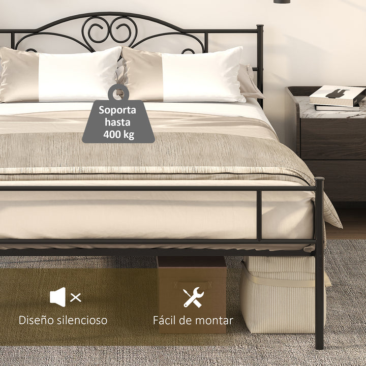 Estrutura de Cama Dupla de Metal para Colchão 150x200cm com Cabeceira e Pés de 31cm Estrutura de Cama de Casa com Espaço em Baixo de Armazenamento 158x211x106cm Preto