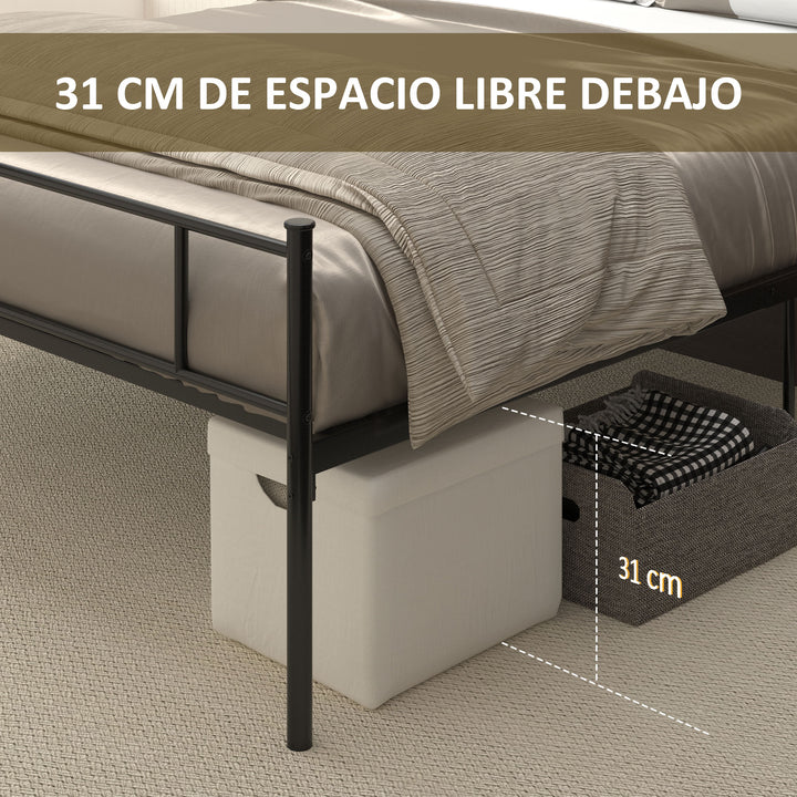 Estrutura de Cama Dupla de Metal para Colchão 150x200cm com Cabeceira e Pés de 31cm Estrutura de Cama de Casa com Espaço em Baixo de Armazenamento 158x211x106cm Preto