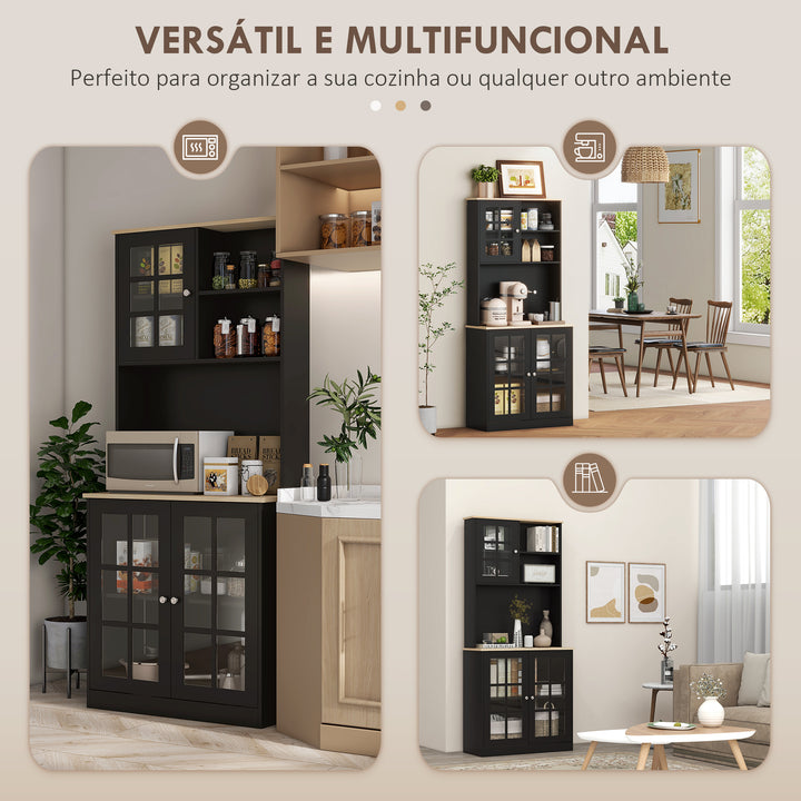 Armário de Cozinha com Prateleiras e Portas de Vidro Armário Alto de Cozinha para Pequenos Eletrodomésticos e Louças 80x37x183 cm Preto