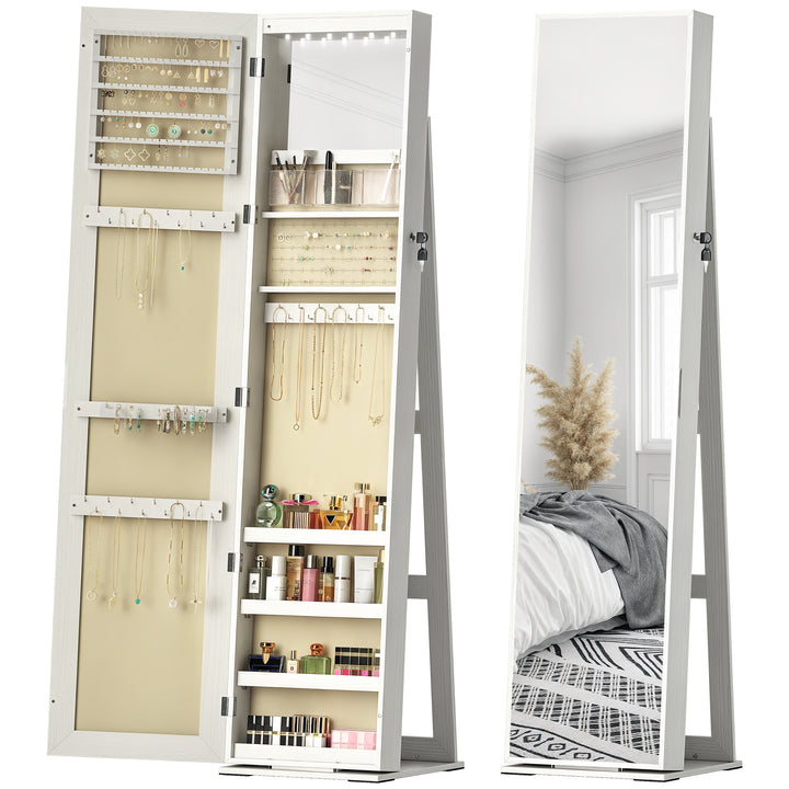 Joalheiro de Pé Armário para Joias com 6 Luzes LED Fechadura Organizador de Joias com Prateleiras Suportes para Anéis 38x38x157cm Branco e Bege