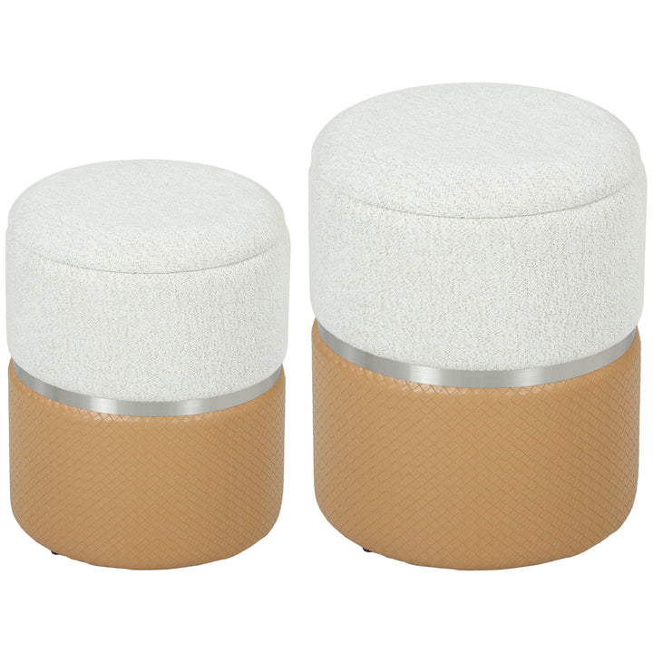Conjunto de 2 Puffs de Armazenamento Baús Redondos Estofados em Chenille e PU Assento Acolchoado para Entrada Quarto ou Sala Castanho e Creme
