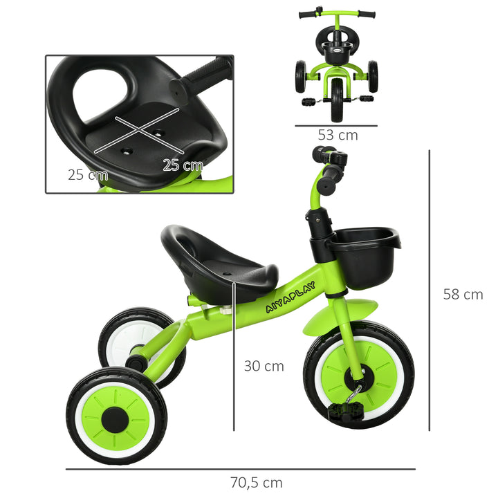 Triciclo para Crianças de 2 a 5 anos Triciclo Infantil com Assento Ajustável Cesta Buzina e Pedais e 3 Rodas Carga Máxima 25 kg 70,5x53x58 cm Verde e Preto