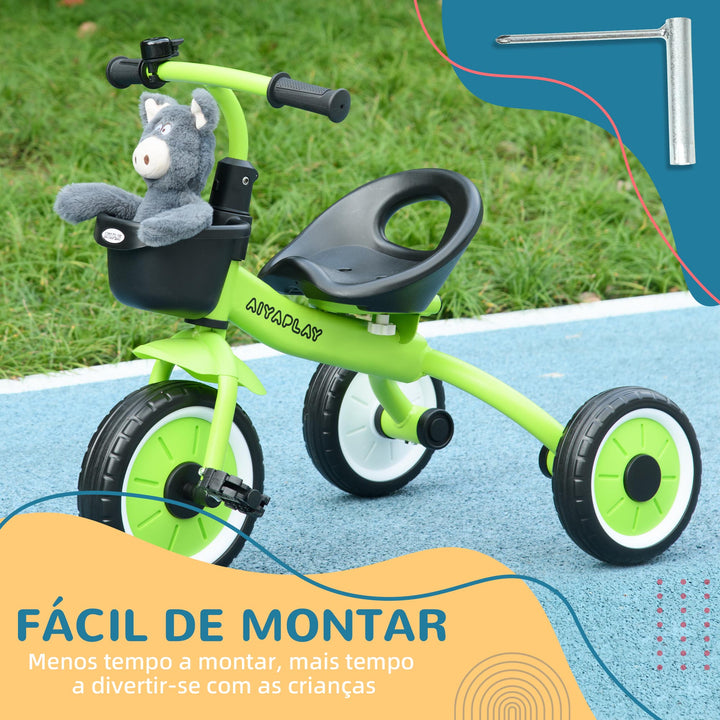Triciclo para Crianças de 2 a 5 anos Triciclo Infantil com Assento Ajustável Cesta Buzina e Pedais e 3 Rodas Carga Máxima 25 kg 70,5x53x58 cm Verde e Preto