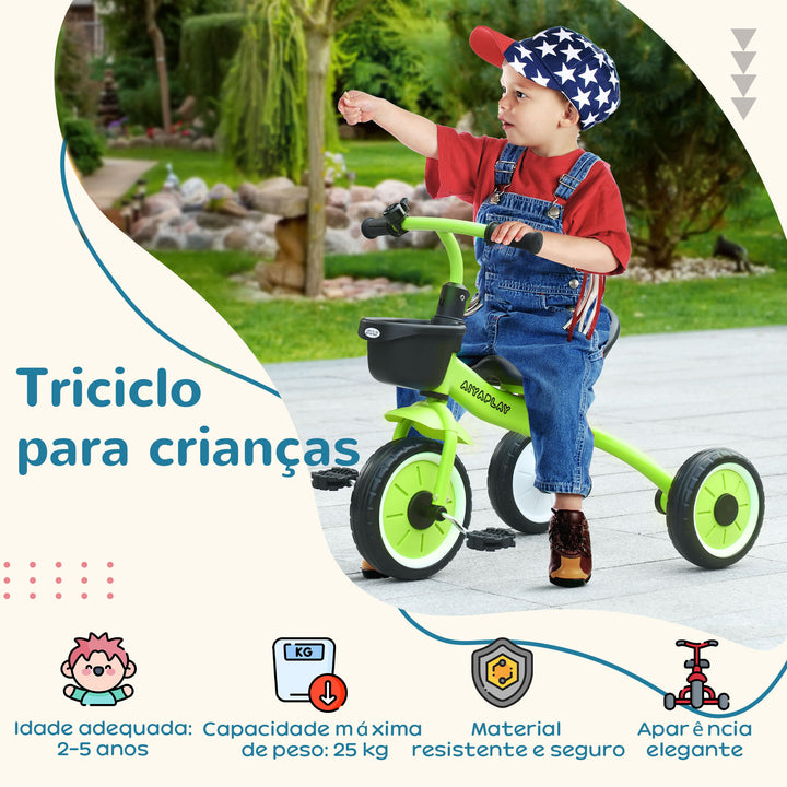 Triciclo para Crianças de 2 a 5 anos Triciclo Infantil com Assento Ajustável Cesta Buzina e Pedais e 3 Rodas Carga Máxima 25 kg 70,5x53x58 cm Verde e Preto