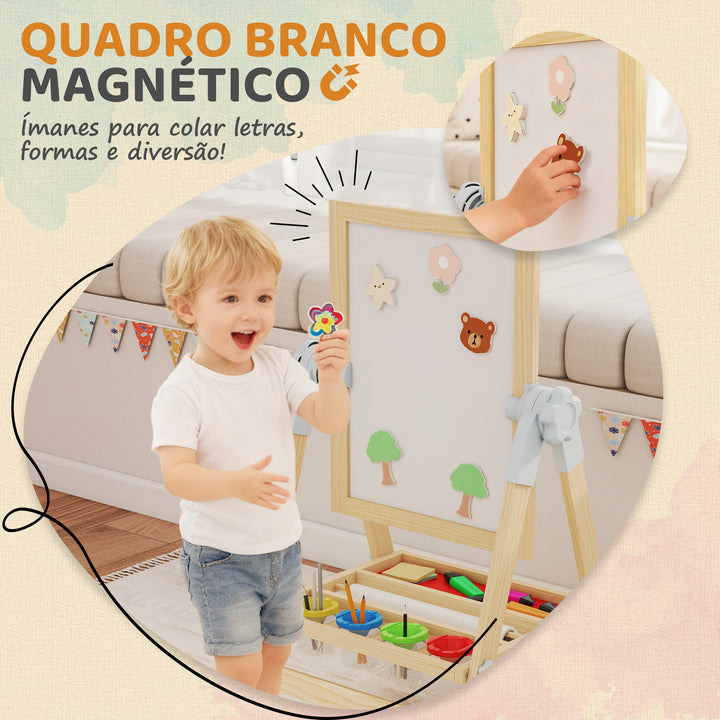 Cavalete Infantil com Altura e Ângulo Ajustáveis Dupla Face Quadro Branco Magnético e de Giz Rolo de Papel e Bandeja para Crianças de 3-6 Anos 48,5x46,5x70-97 cm Madeira