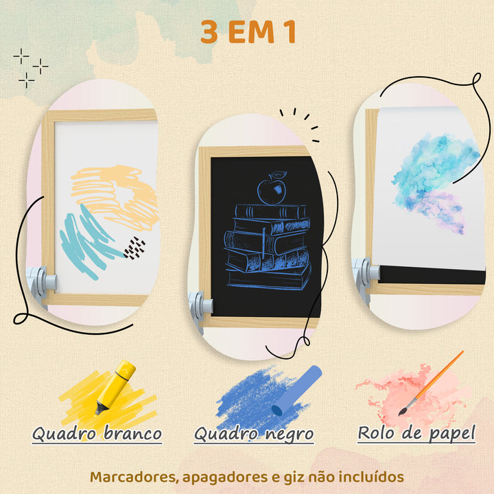 Cavalete Infantil com Altura e Ângulo Ajustáveis Dupla Face Quadro Branco Magnético e de Giz Rolo de Papel e Bandeja para Crianças de 3-6 Anos 48,5x46,5x70-97 cm Madeira