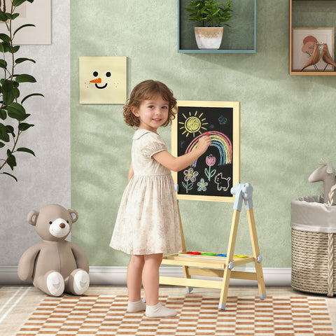 Cavalete Infantil com Altura e Ângulo Ajustáveis Dupla Face Quadro Branco Magnético e de Giz Rolo de Papel e Bandeja para Crianças de 3-6 Anos 48,5x46,5x70-97 cm Madeira